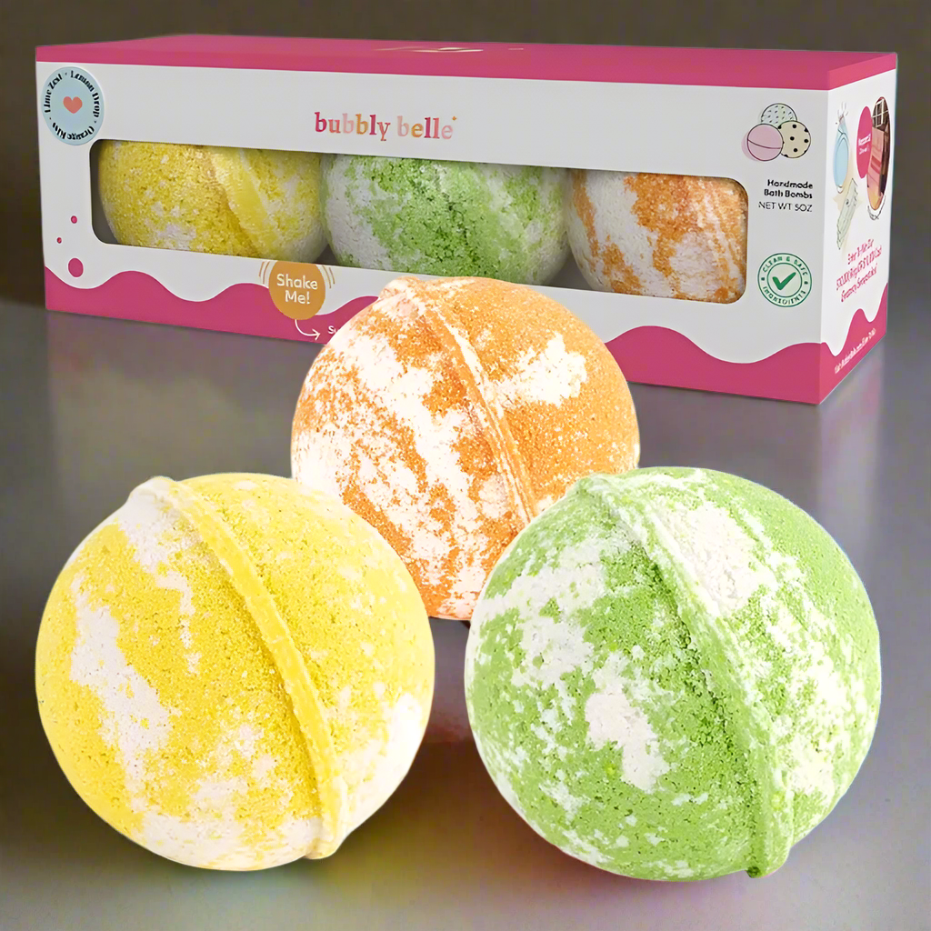 Lemon Drop, Lime Zest, Orange Kiss Bath Bombs - Gift Boxed (6oz/ea. w/Rings)