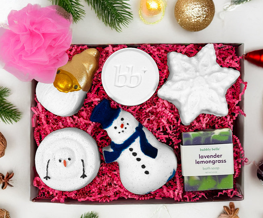 Christmas Gift Box - Bath Bombs w/ Rings, Soap, Shower Steamer + Free Sponge