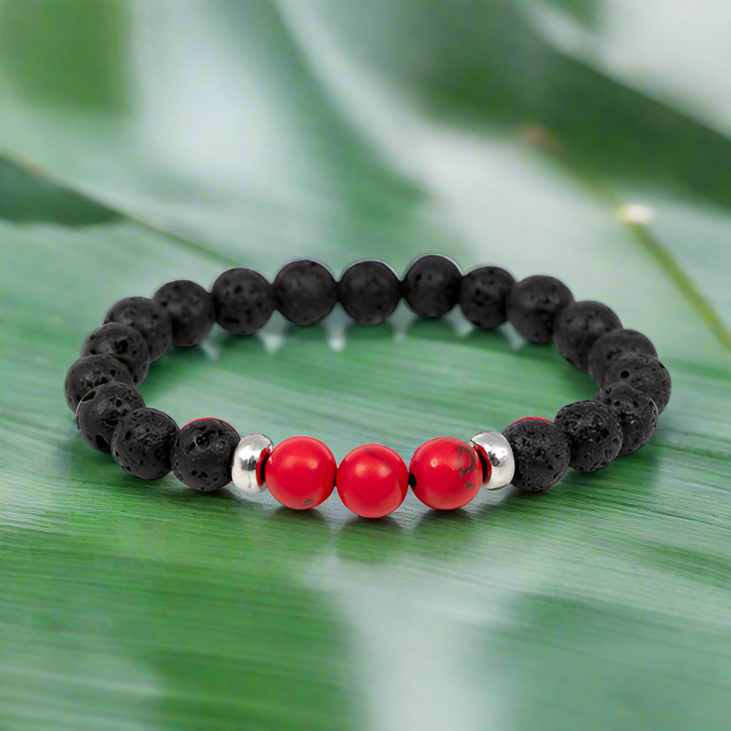 Bracelet diffuseur de pierres de lave trio de perles rouges